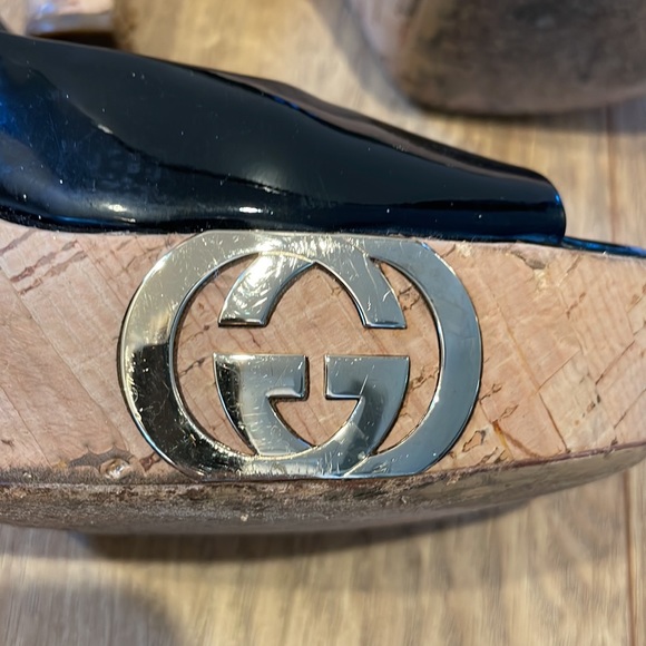 GUCCI 10 black patent cork platform shoe sandal heels - Picture 4 of 8